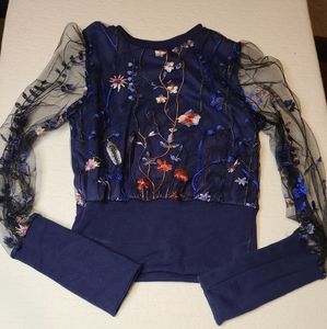 Beautiful blue with flowers, long sleeve shirt. Sleeves are see through.
